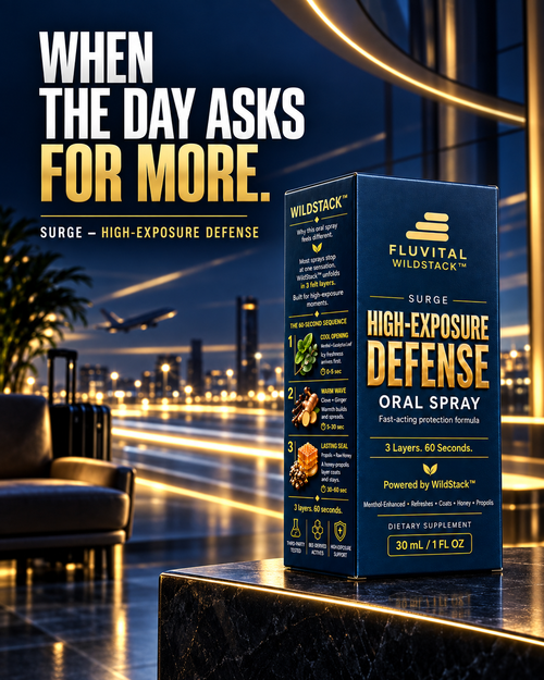 Fluvital WildStack™ Oral Spray Surge High-Exposure Defense  · Fast-Acting Formula  When the day asks for more, be ready.