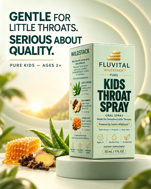 Fluvital WildStack™ Pure Kids Kids Throat Spray · Gentle Daily Formula · Ages 2+  Gentle for little throats. Serious about quality.