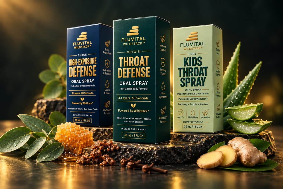 Fluvital SURGE, ORIGIN and PURE throat sprays with honeycomb, propolis, ginger and aloe
