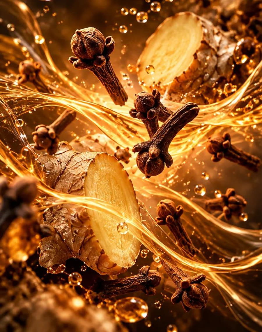 Whole cloves and fresh ginger root, macro