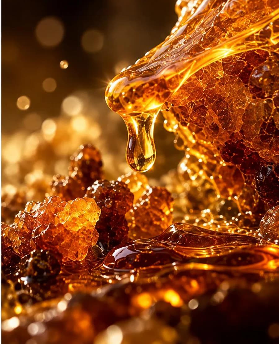 Raw honey and propolis resin, macro