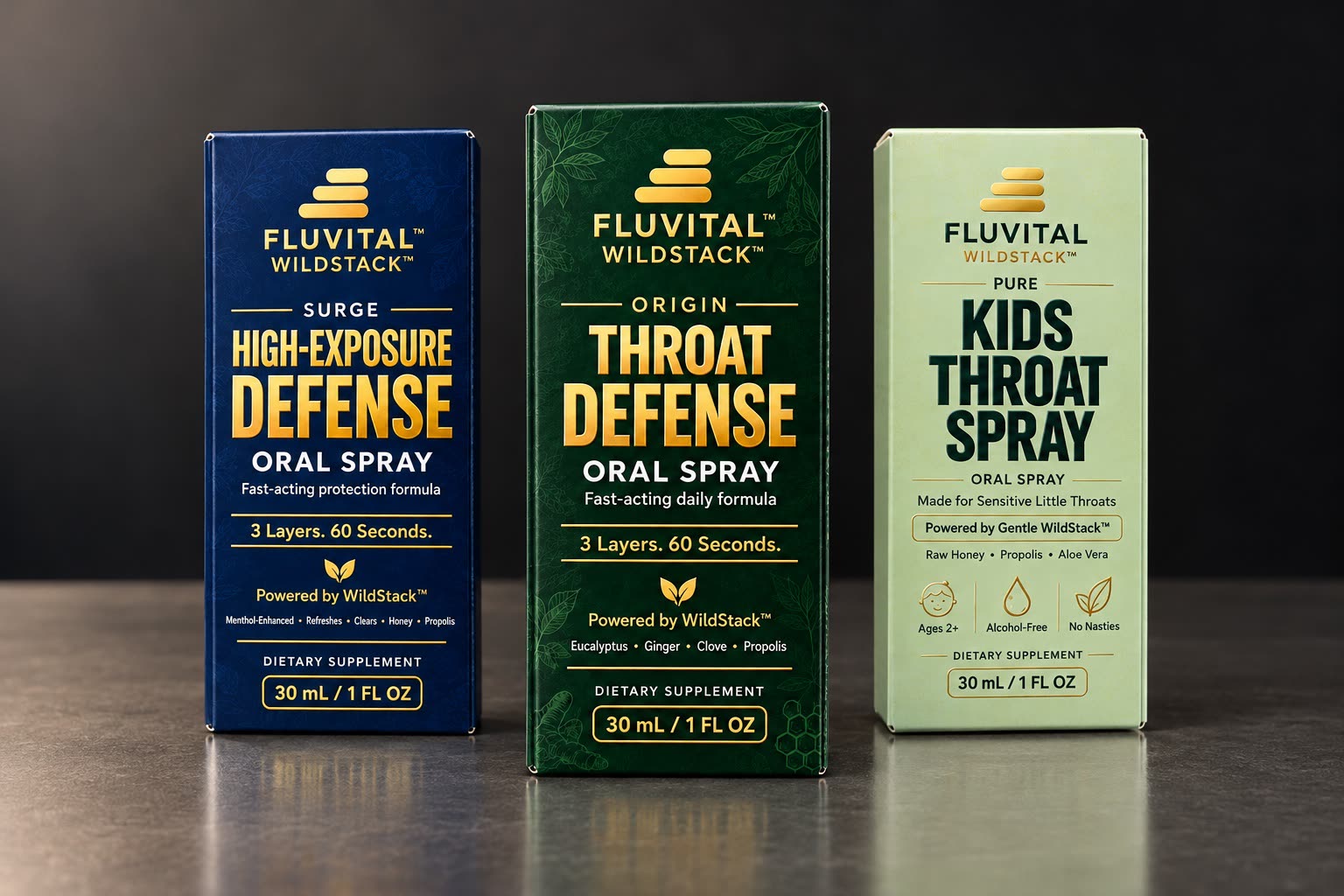 FLUVITAL WildStack SURGE, ORIGIN and PURE oral spray boxes